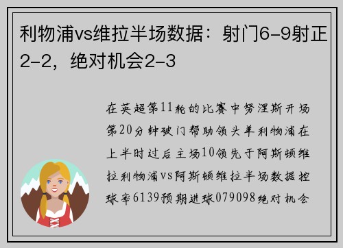 利物浦vs维拉半场数据：射门6-9射正2-2，绝对机会2-3
