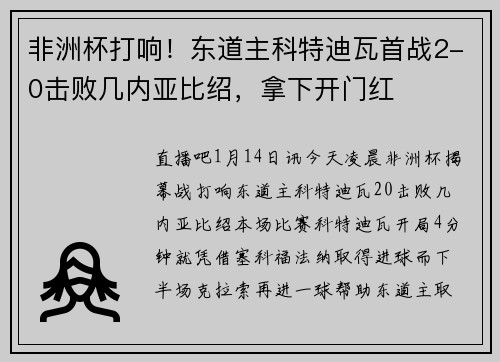 非洲杯打响！东道主科特迪瓦首战2-0击败几内亚比绍，拿下开门红